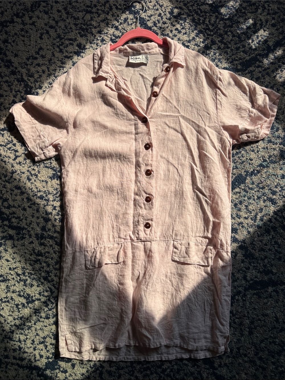 Light Pink Button-Front 100% Linen Shirt Dress Cottagecore Oversized Womens S